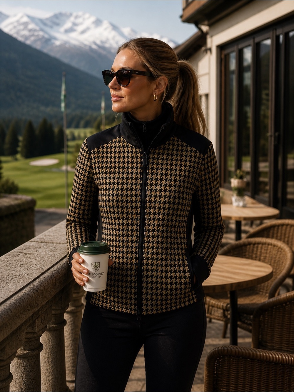 Goldbergh Houndstooth Sport Jacket XL Zip Athletic Luxury Old Money Sporty Soft